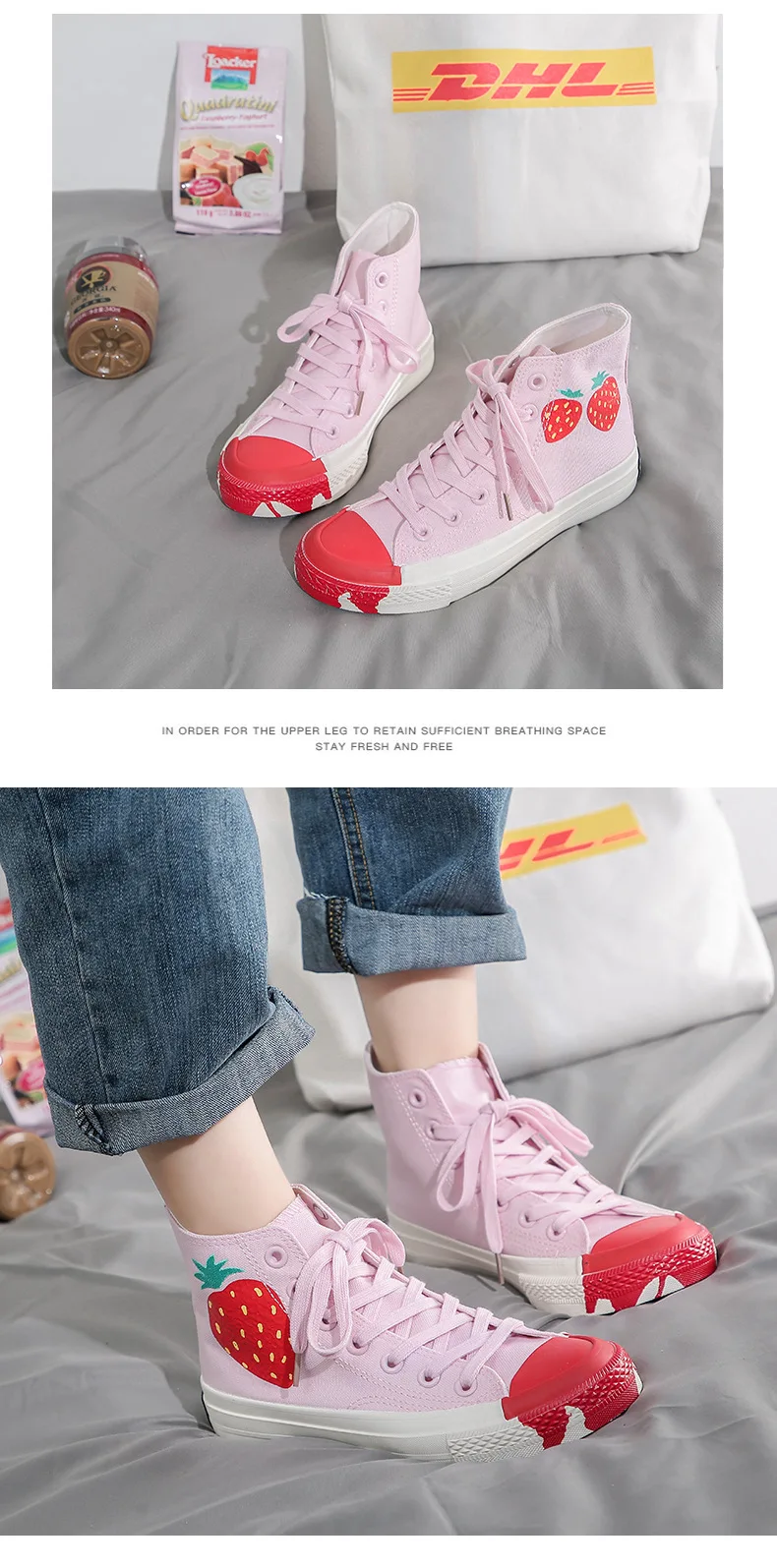 Girls Students Sweet Canvas Shoes Strawberry Printing Women Middle High Sneakers Leaf Pattern Women Summer Canvas Short Boots