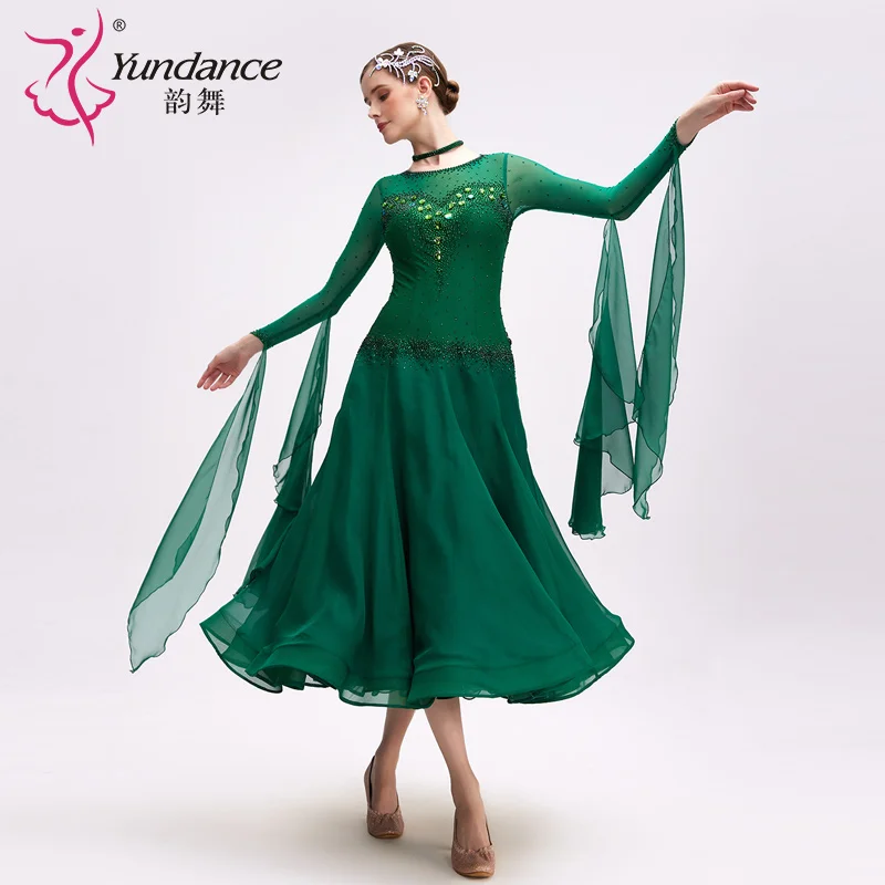 B-24205 신상품 국제 표준 볼룸 댄스 드레스 고품질 그린 쉬폰 롱 볼룸 댄스 드레스 판매
