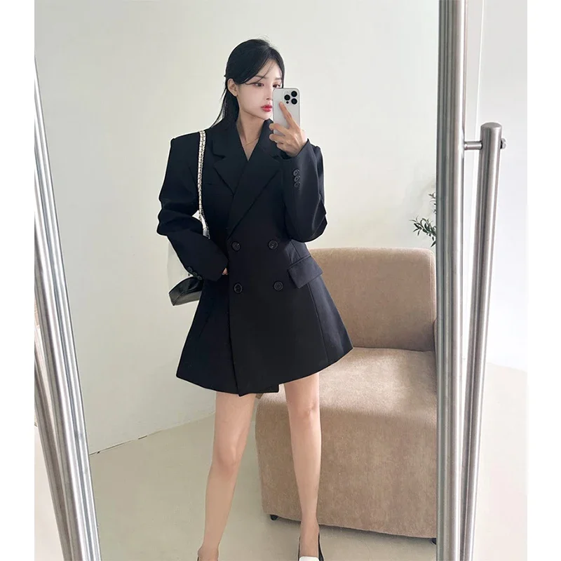 Elegant Black Blazer ผู้หญิงแฟชั่น Double Breasted แจ็คเก็ตหญิงเกาหลีเสื้อแขนยาว Office Slim Commuter Jacket