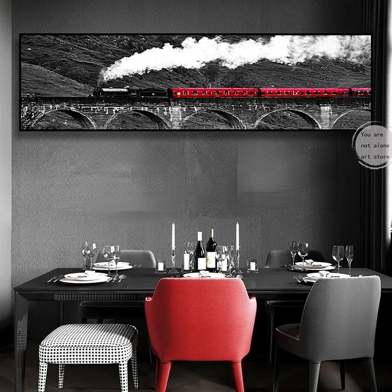 Retro Romantic Red Train Running on Railway with Long White Smoke Art Poster Canvas Painting Wall Prints Picture Room Home Decor