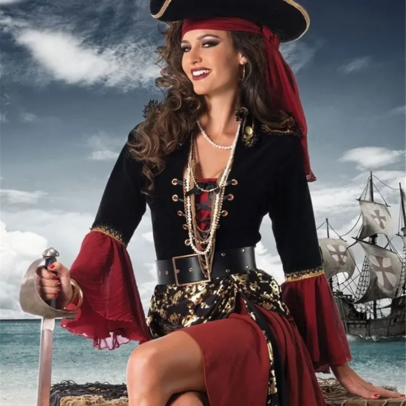 Ataullah Female Caribbean Pirates Captain Costume Halloween Role Playing Cosplay Suit Medoeval Gothic Fancy Woman Dress DW004