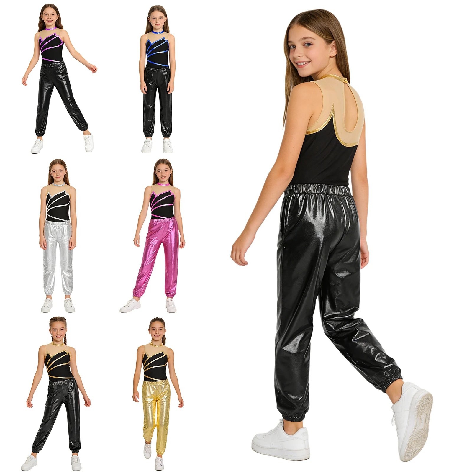 

Детский костюм для джазовых и хип-хоп танцев для девочек, сценический костюм для выступлений, гимнастический купальник из прозрачной сетки с металлическими полосками и брюками