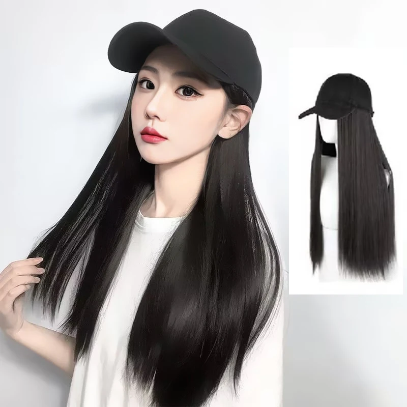 

Fashion Black Baseball Cap With Wig，Fashionable One Piece Women Synthetic Long Straight Hair Adjustable Hat Wig 1PC