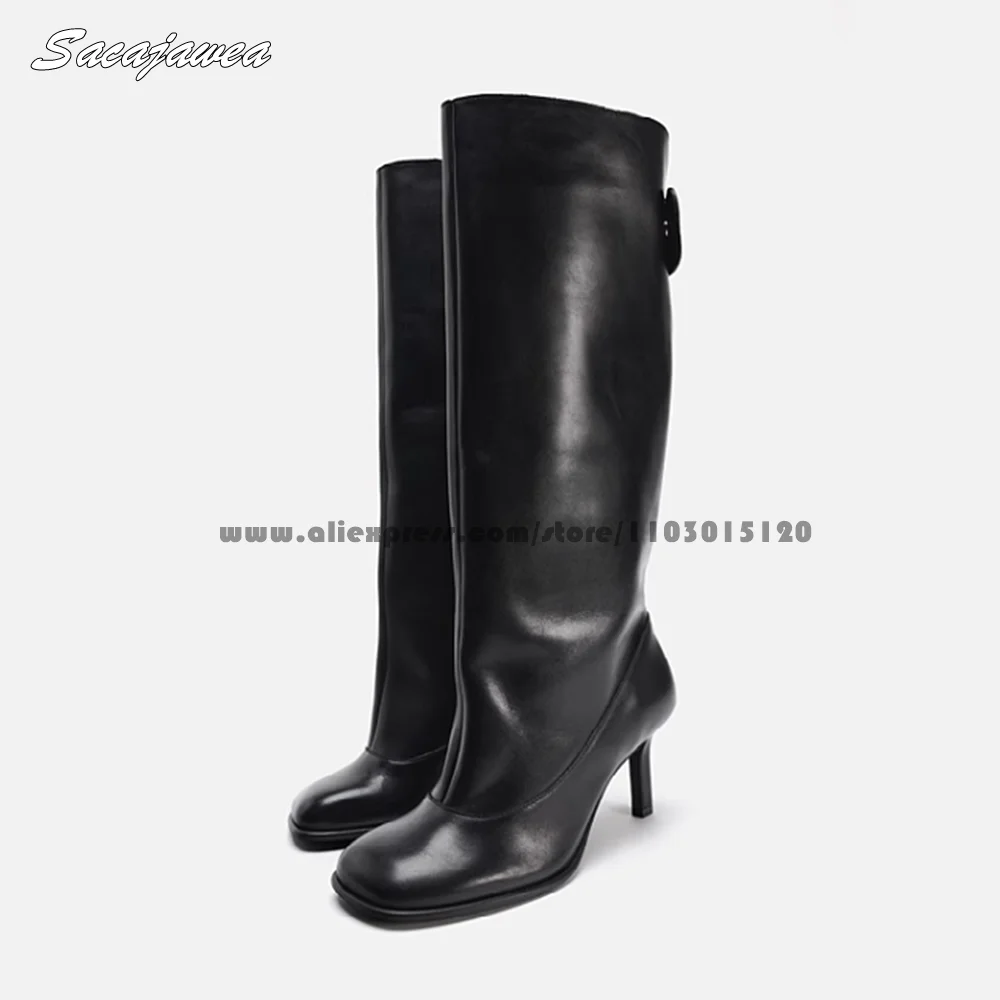 

Cow Split Leather Knee High Modren Boots Round Toe Catwalk Style High Heel Boots All-Match 7CM Heel Size 35-40 Casual Boots