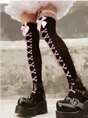 New Hot Girl Bone Bow Socks Streetwear Girls Black Sweet Cute Pink Y2K Harajuku Lolita Fishnet Stockings Thigh High Stockings