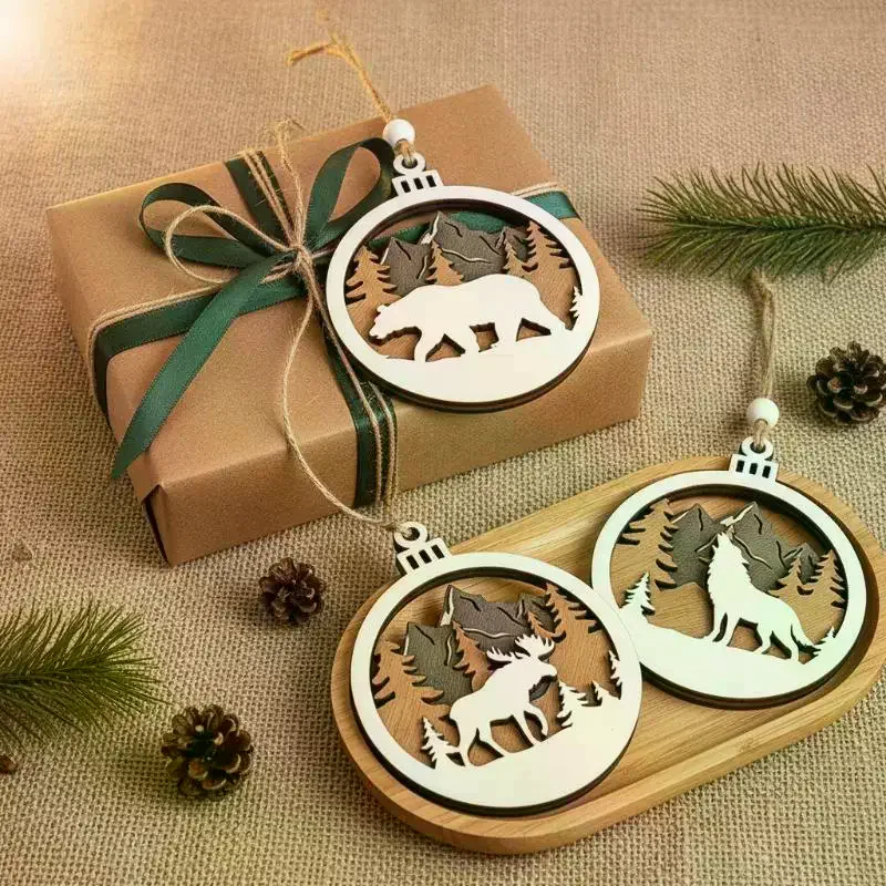 Rustic Wildlife Wood Cutout Hanging Decor Layered Hollow Mountain Bear Wolf Elk Bauble Winter Holiday Tree Decoration