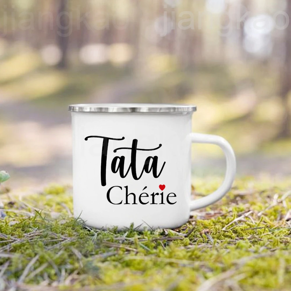 French Printed Enamel Mug Drink Milk Coffee Cups Camping Mugs Holiday Birthday Gifts for Tata Marraine Tonton Mamie Papy Parrain
