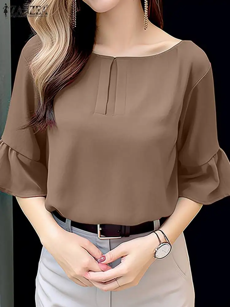 ZANZEA 2024 Summer Elegant 3/4 Sleeve Work OL Blouse Women Fashion Solid Shirt Female Casual Ruffles Blusas Loose Tops Tunic