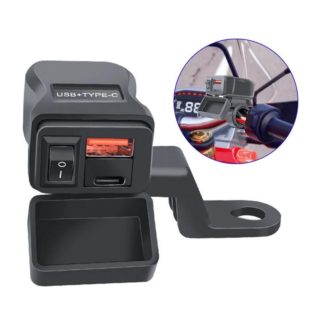 Motorcycle USB Fast Charger with Switch Motorbike Handlebar Waterproof Type C Port Socket 12V Electric Bike Power Supply Adapter