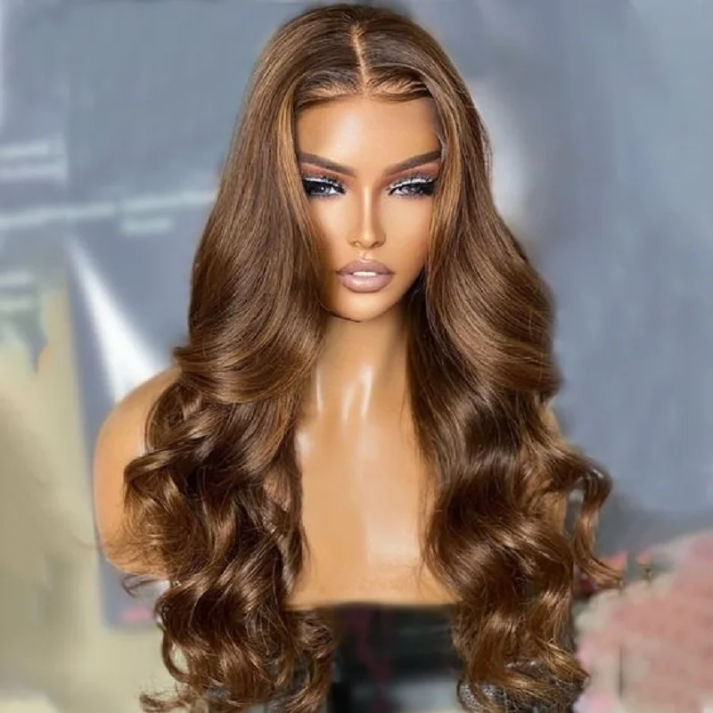 

26 inch HD Lace 200Density Brown Body Wave Jewish 5x5 Silk Base European Human Hair Wig For Women BabyHair Gluelesss Prepluck