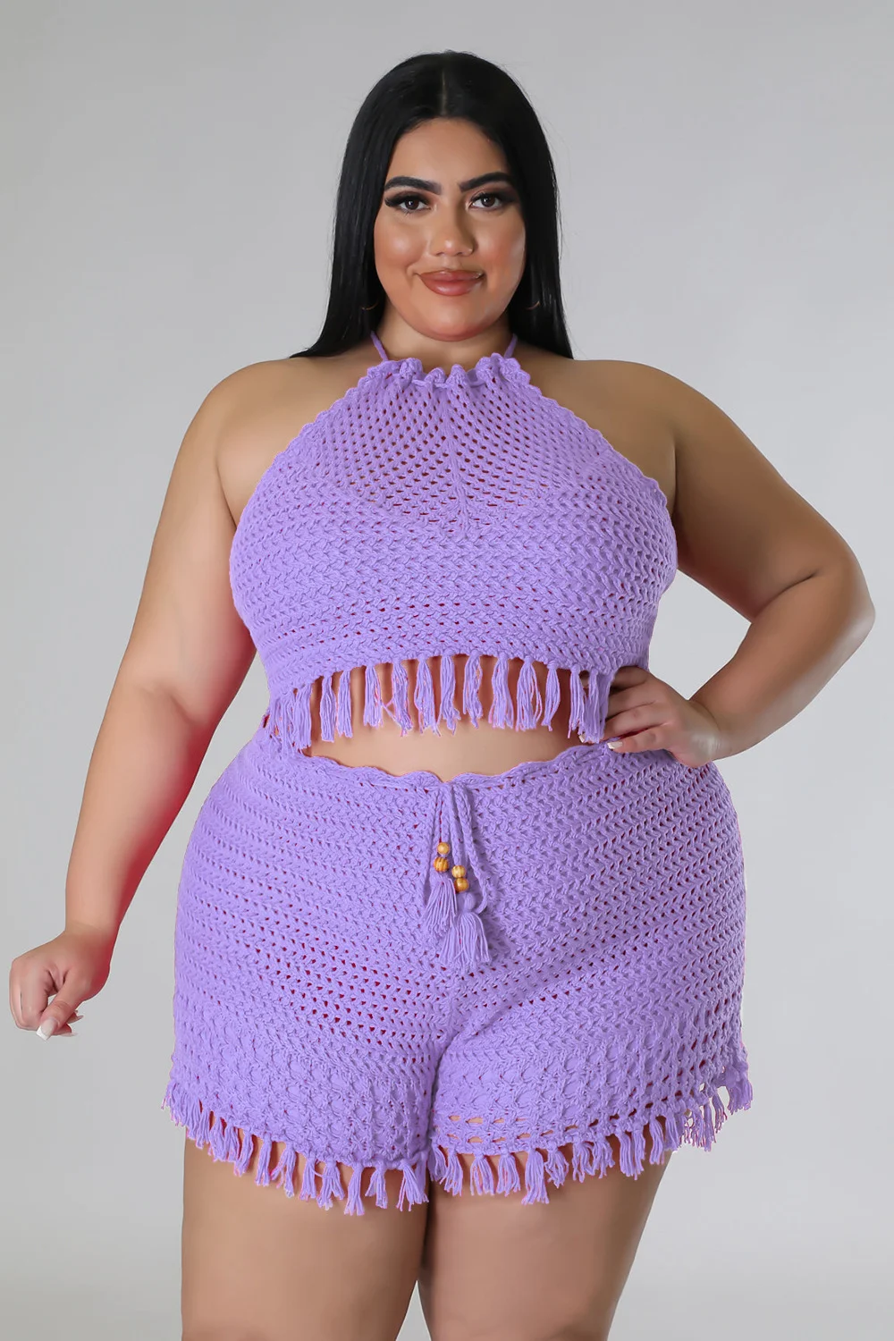 SOMO Plus Size Sexy Women Knitted Two Pieces Set Summer Halter Top Shorts Hollow Out Crochet Beach Wear Wholesale Dropshipping