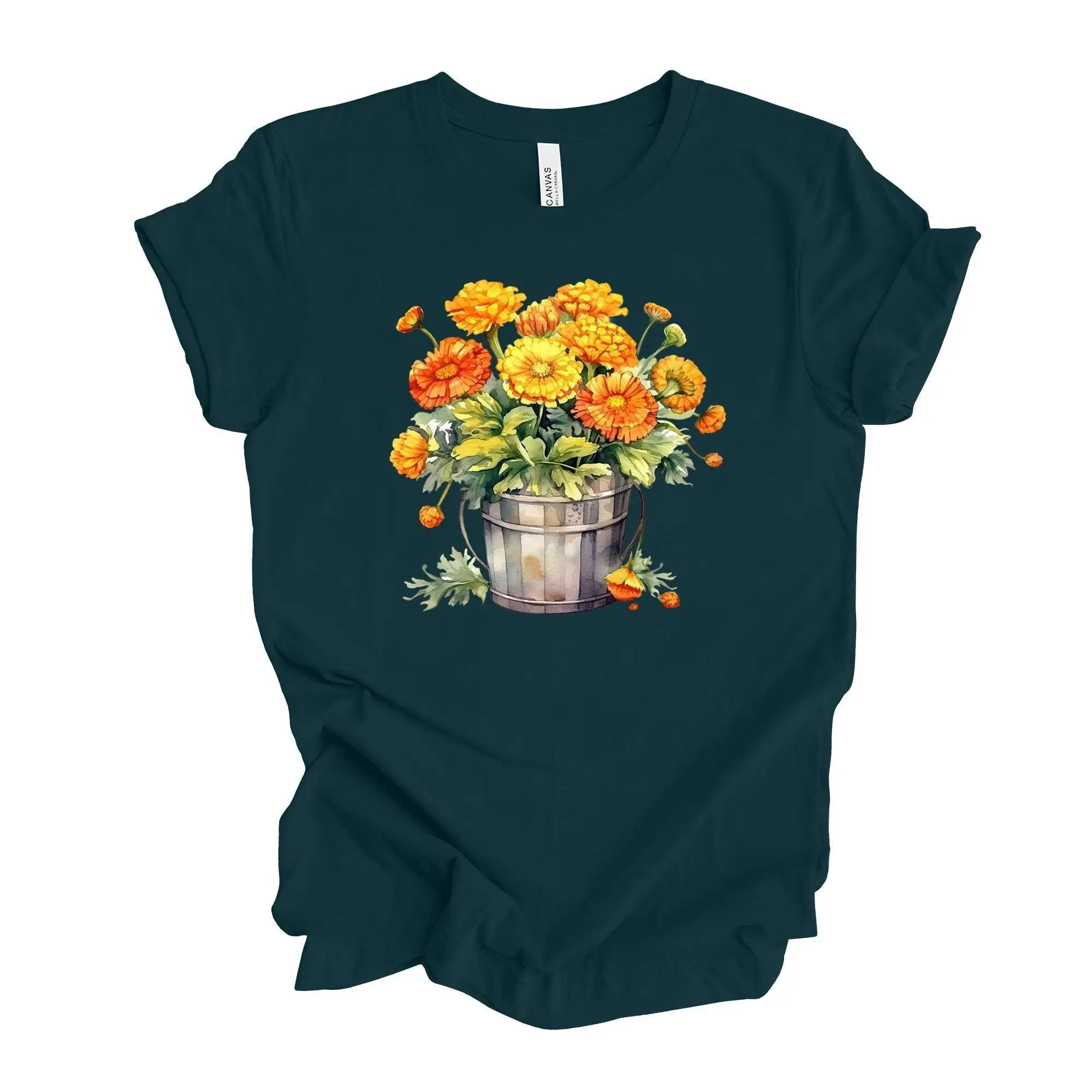 Fall T Shirt Beautiful Marigolds In A Bucket Flowers Design On Premium Bella Canvas Unisex 6 Color Choices 3X 4X