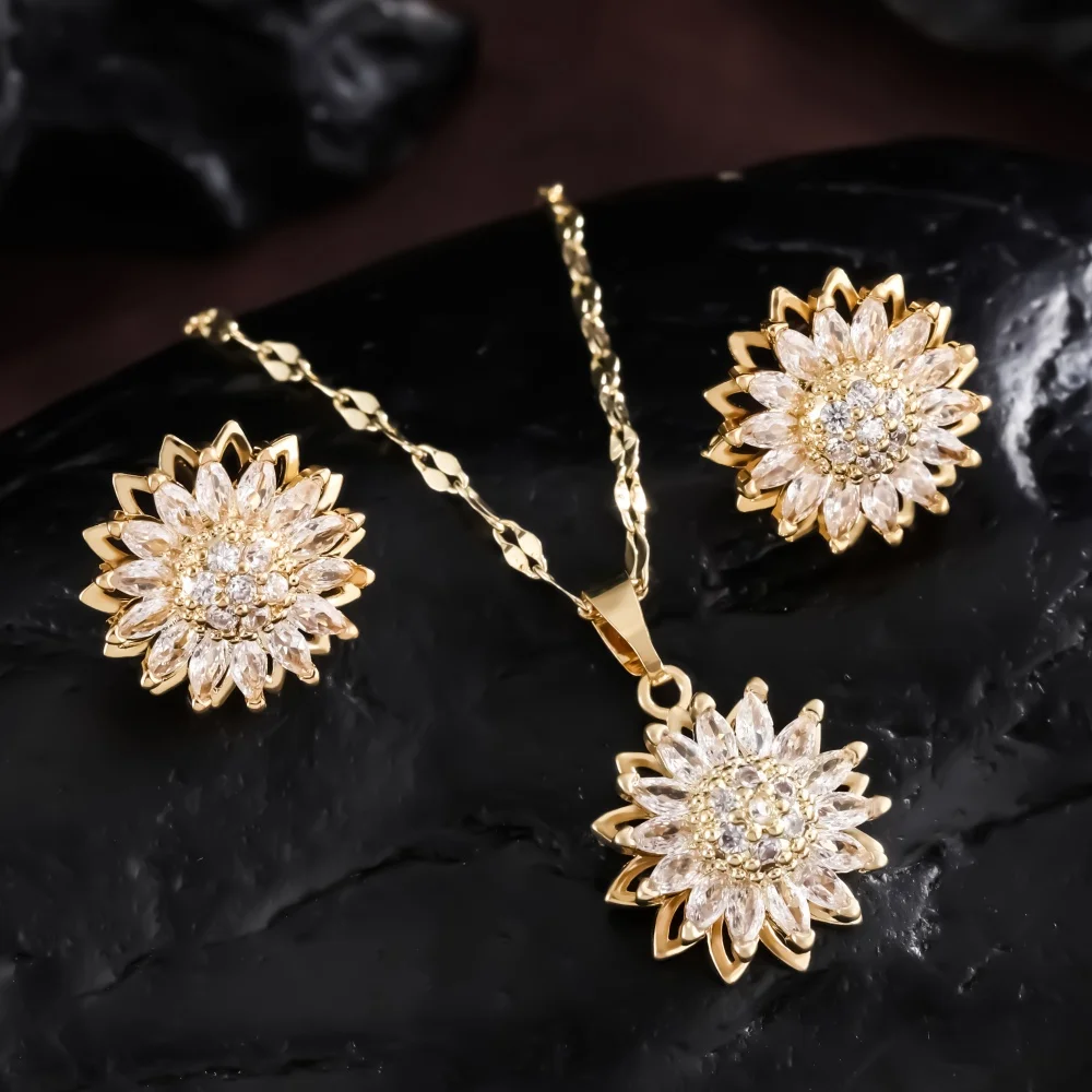 

RAKOL 2-piece Set Of Sunflower Inlaid Zirconium Rotating Earrings Necklace Cute Sunflower Jewelry Set for Couple Gift