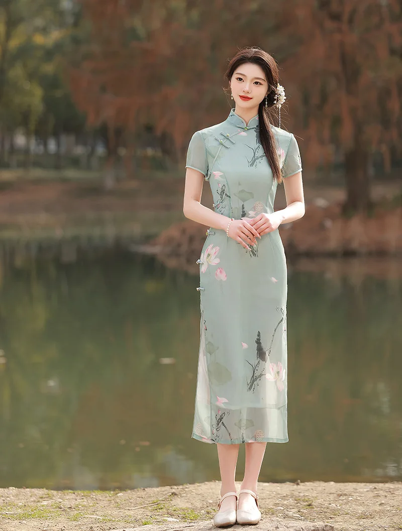 

Chinese Retro Mandarin Collar Short Sleeve Lotus Printed Chiffon Cheongsam Women's Handmade Buttons Qipao Evening Dress