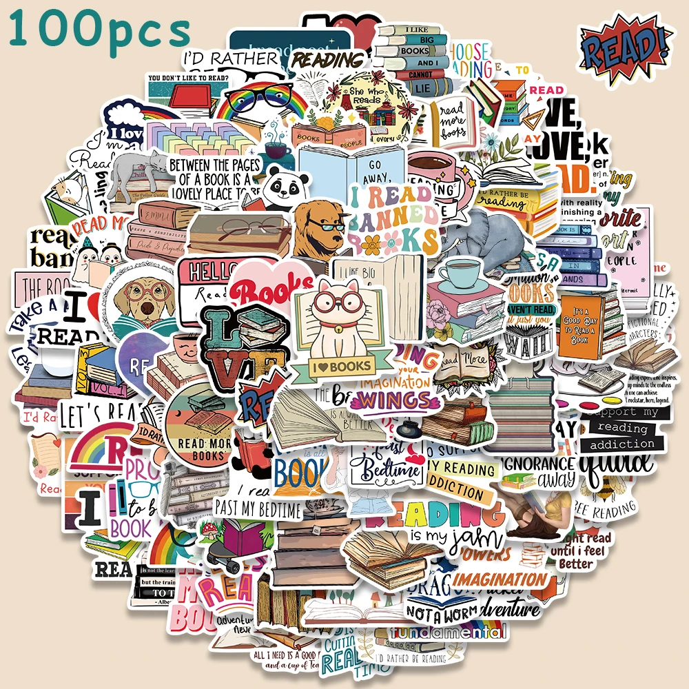 50/100pcs Reading Book Stickers For Kids Waterproof Vinyl Laptop Guitar Luggage Stationery Scrapbook Graffiti Stickers Decals