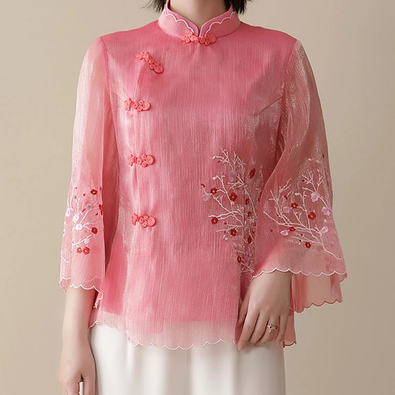 Chinese Style Flower Embroidered Blouse Cheongsam Tops Stand Collar Bat Sleeve Loose Shirt Vintage Women's Temperament Clothing