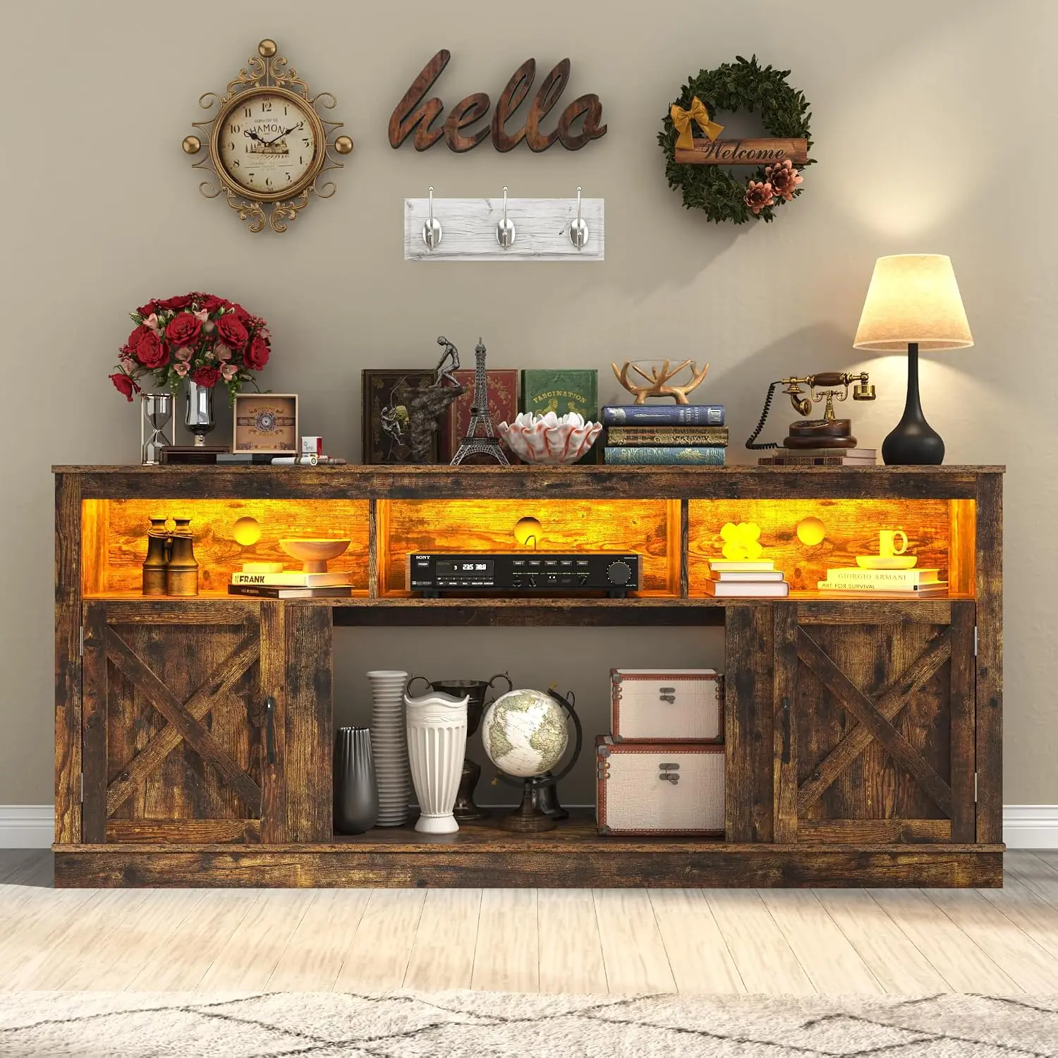 Farmhouse TV Stand 70-80 Inch, 32" Entertainment Center w/LED Light, Console w/Barn Doors & Shelves Living Room, Customized