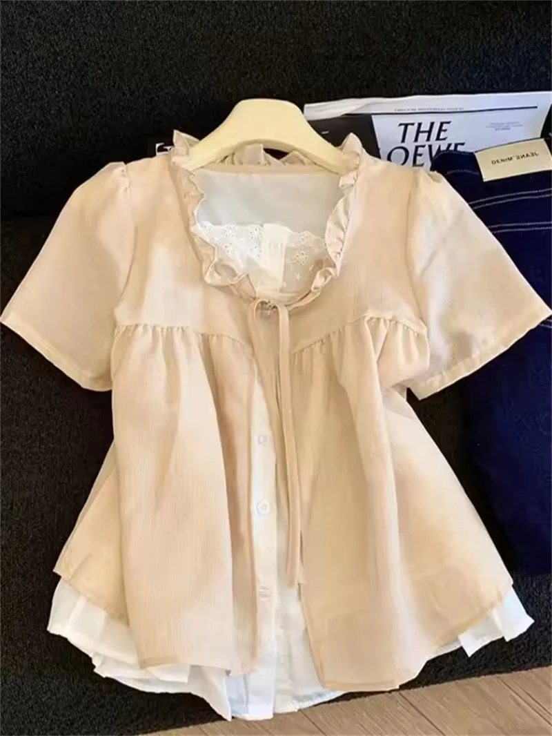 Sweet Lace Trim Short Sleeve Shirt Women's Summer Thin Fake Two-Piece Clashing Colours Versatile Short Top