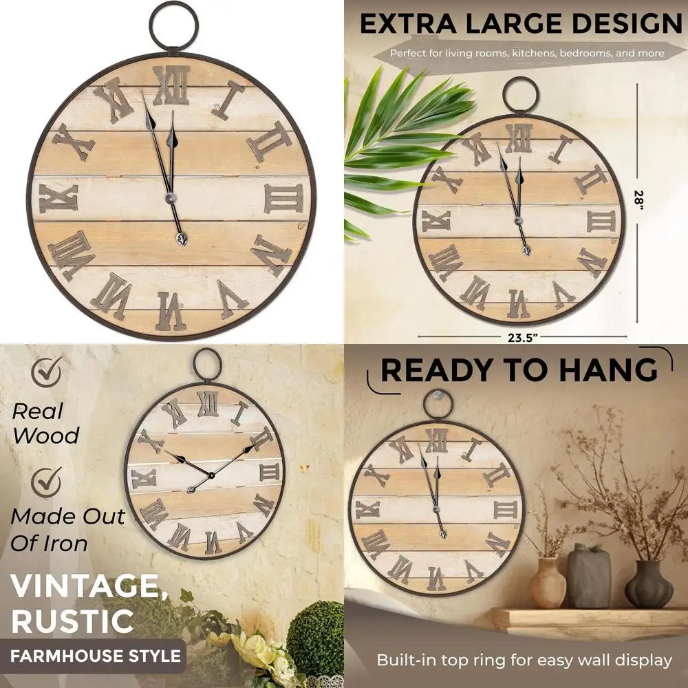

Antique Vintage Rustic Wooden Wall Clock with Iron Roman Numerals & Wall Hanging Ring, 23.5 x 28