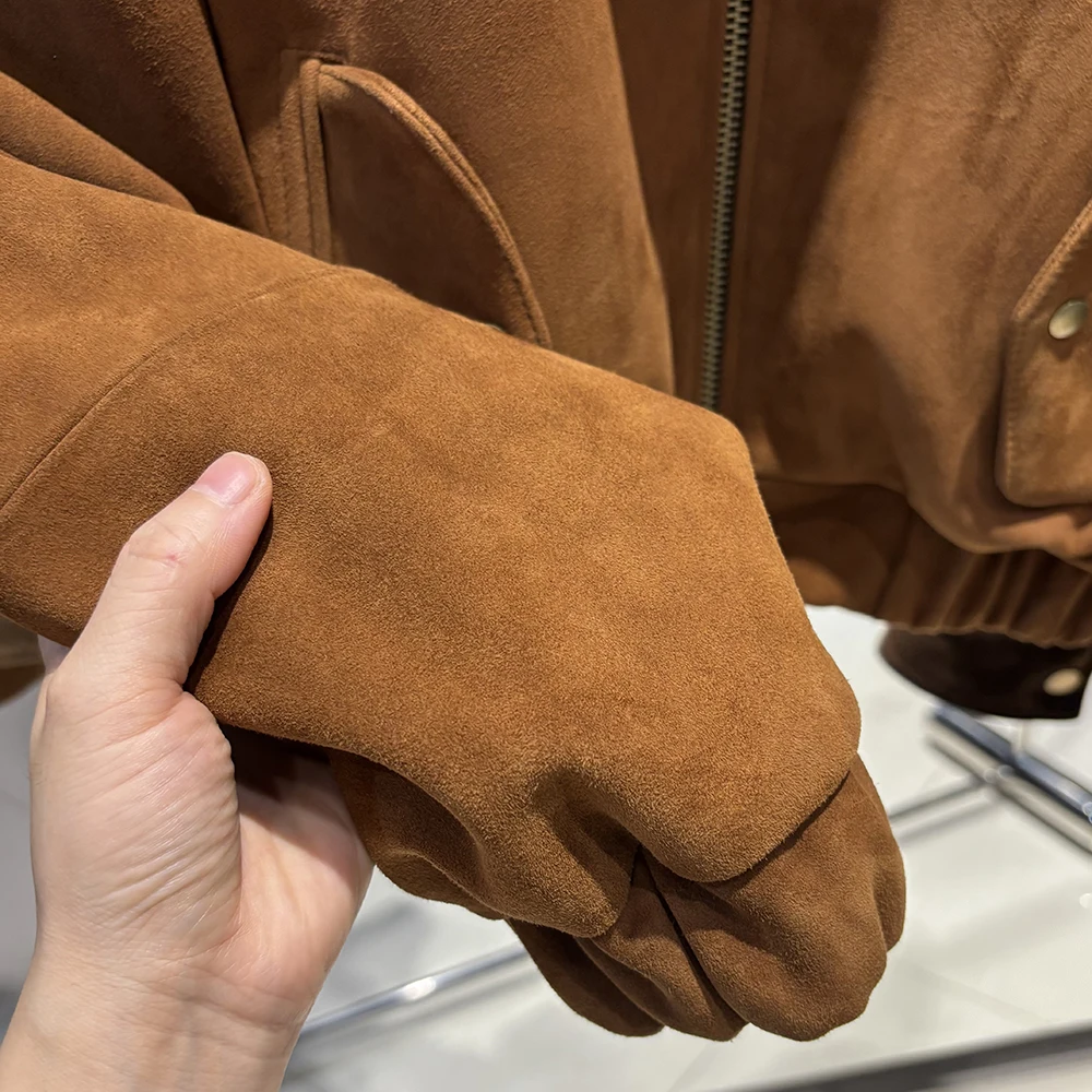 YOLOAgain Suede Leather Jacket Coat Women Real Leather Cropped Jacket Bomber Jacket