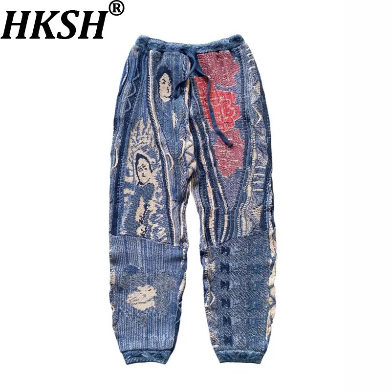 

HKSH Spring Autumn Winter New Man Tide Dark Japanese Retro Patchwork Hip-Hop Portrait Floral Knitted Pants Trend Chic Ins HK9789