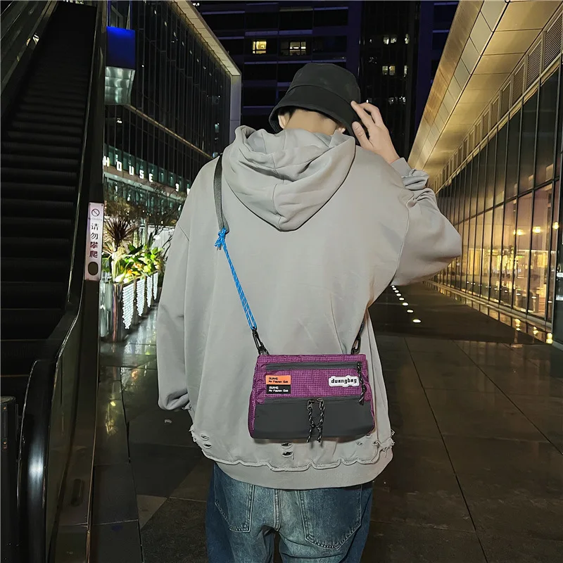 Trendy Brand Mini Crossbody Bag Men Nylon Plaid Chest Pack Couple Light Shoulder Mobile Phone Bag Male Travel Hiking Storage Bag