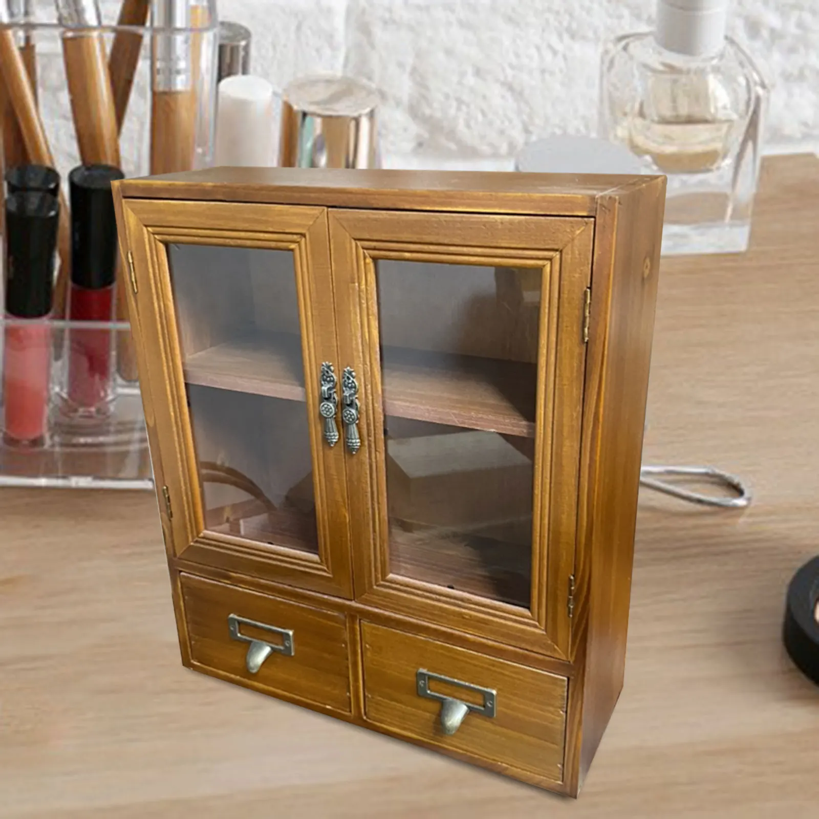 Retro Storage Cabinet Vintage Wood Desk Organizer for Dressing Table Bedroom