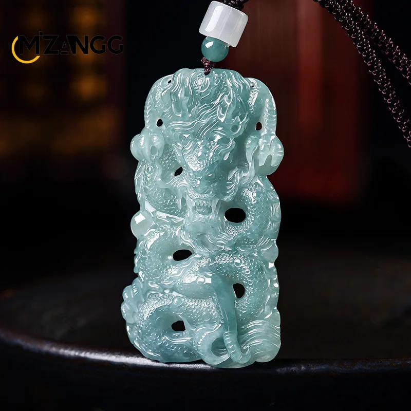 Natural Jadeite Blue Water Dragon Soaring in Prosperity Pendant Openwork Carving Luxurious Ice-Type Jade Necklace Unisex Gifts