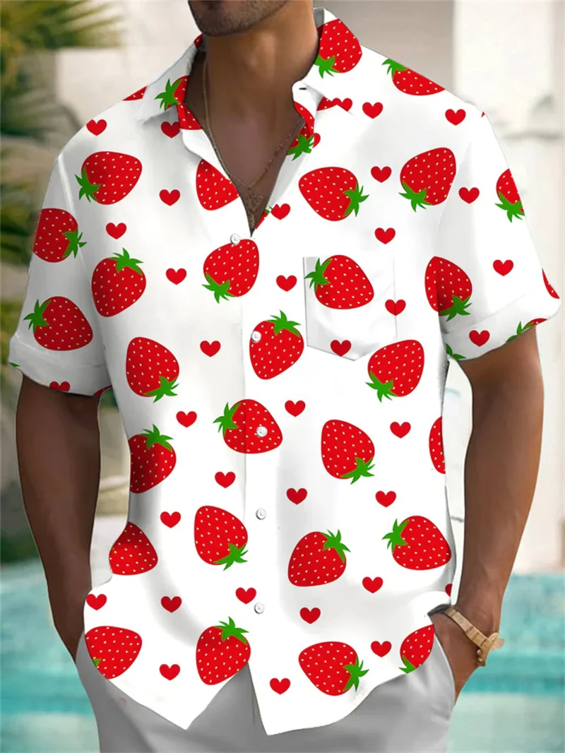 Button up shirt for men, Hawaiian shirt, strawberry short sleeved button up shirt, summer beach shirt, men's shirt, hot selling