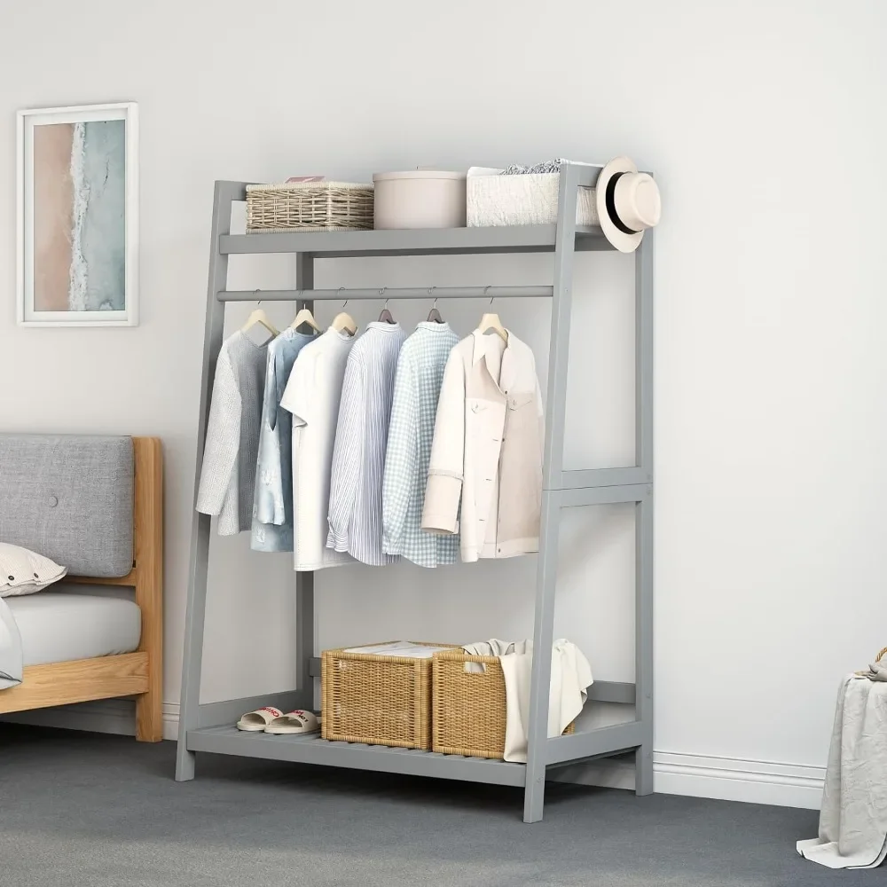 

Open Wood Garment Rack - Solid Woods Freestanding Clothing Rack with Storage Shelves and Rod for Hanging Clothes