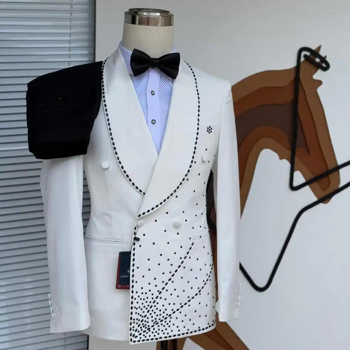 럭셔리 남성 정장 2피스 재킷 바지 더블 브레스티드 비딩 크리스탈 웨딩 턱시도 신랑 프롬 포멀 비즈니스 코트