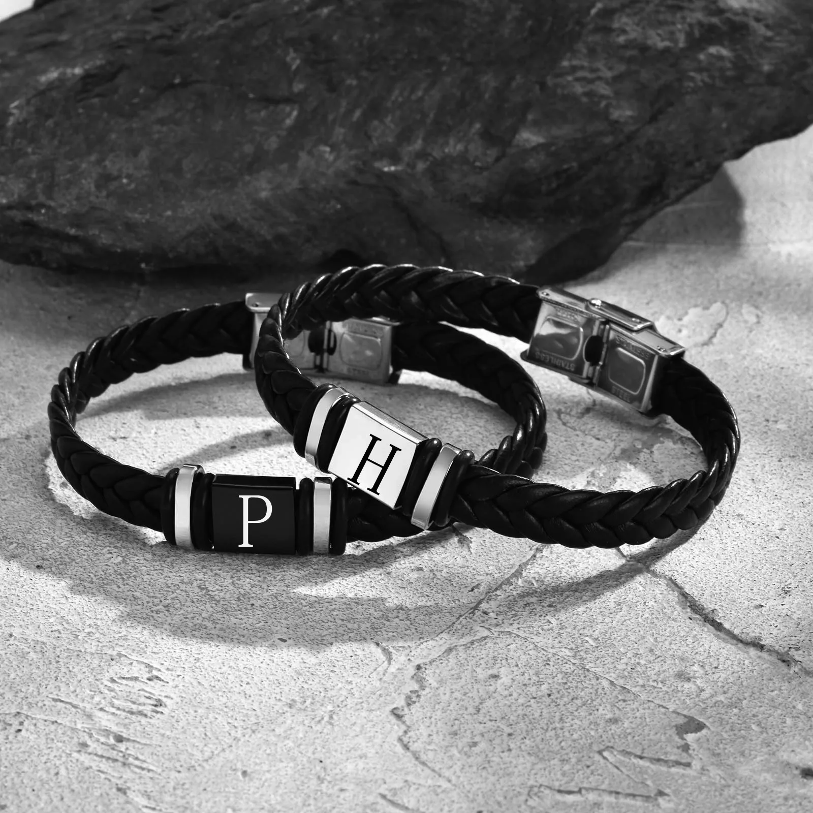 Initials Leather Bracelet for Men Boys,Stainless Steel A-Z 26 Letter Charm Woven Wristband,Casual Jewelry Gift to Father Husband