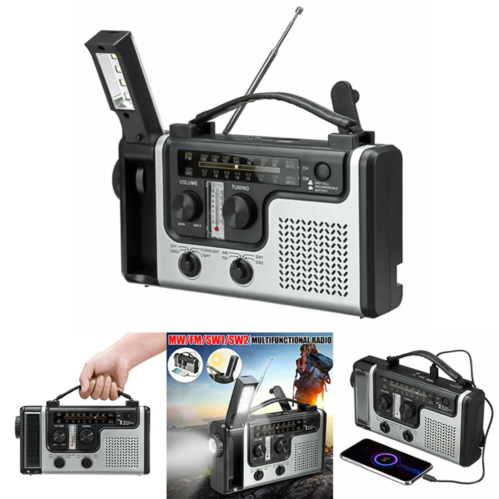 Portable Solar Powered Hand Crank Radio AM FM SW1 SW2 Multi-band Emergency Radio LED Flashlight USB Power Bank Phone Charger