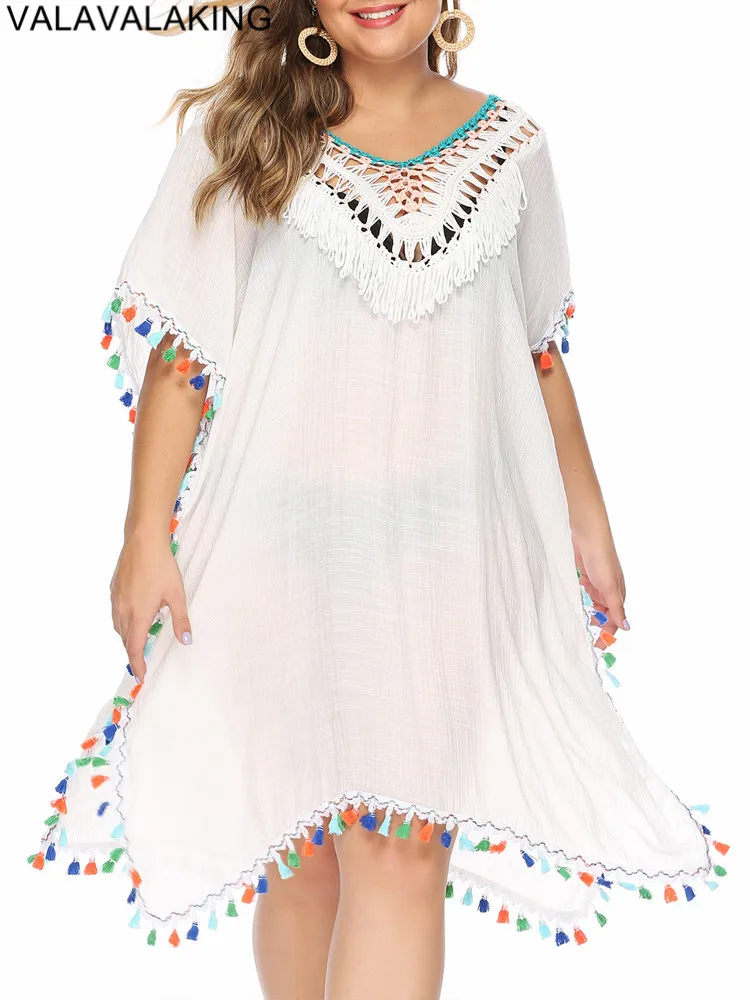 2025 Solidne damskie bikini Plus Size Cove Up z krótkim rękawem Duża duża tunika Lady Chubby Beach Dress Tassels Hollow Swimsuit Cover-Up