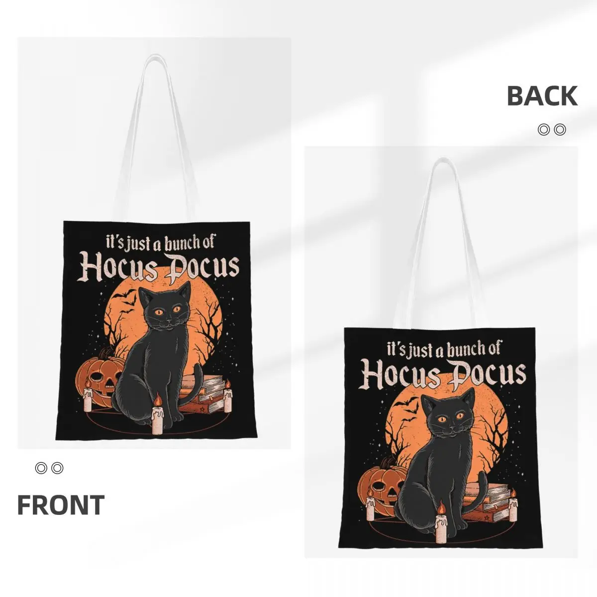 Custom Hocus Witch On Halloween Night Pocus Shopping Canvas Bags Women Reusable Grocery Cat Tote Shopper Bags