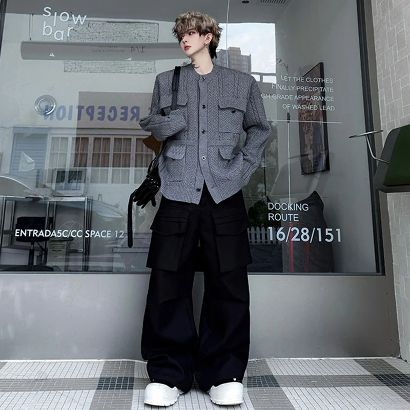 LUZHEN 2025 Autumn New Original Multi Pockets Decorate Round Neck Knitted Cardigan Coat Men's Fashion Solid Color Sweater JY4449