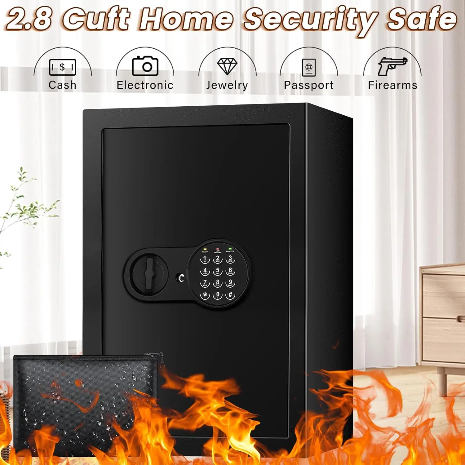 

2.8 Cu ft Large Home Safe Fireproof Waterproof, Fire proof Safe Box for Home Documents with Fireproof Bag, Programmable Keypad