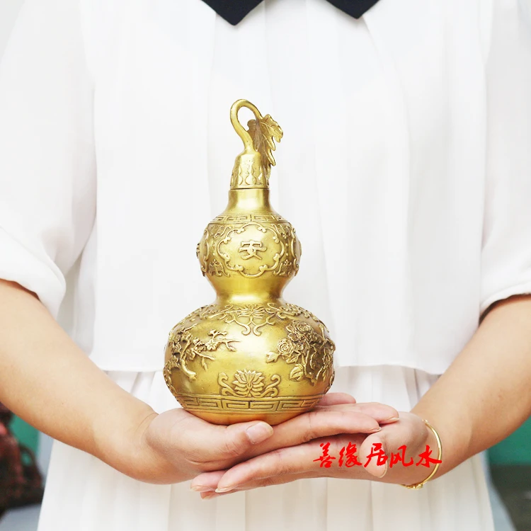 20CM- company shop home TOP efficacious Mascot Talisman bring wealth fortune Chinese FENG SHUI lucky cucurbit gourd brass statue