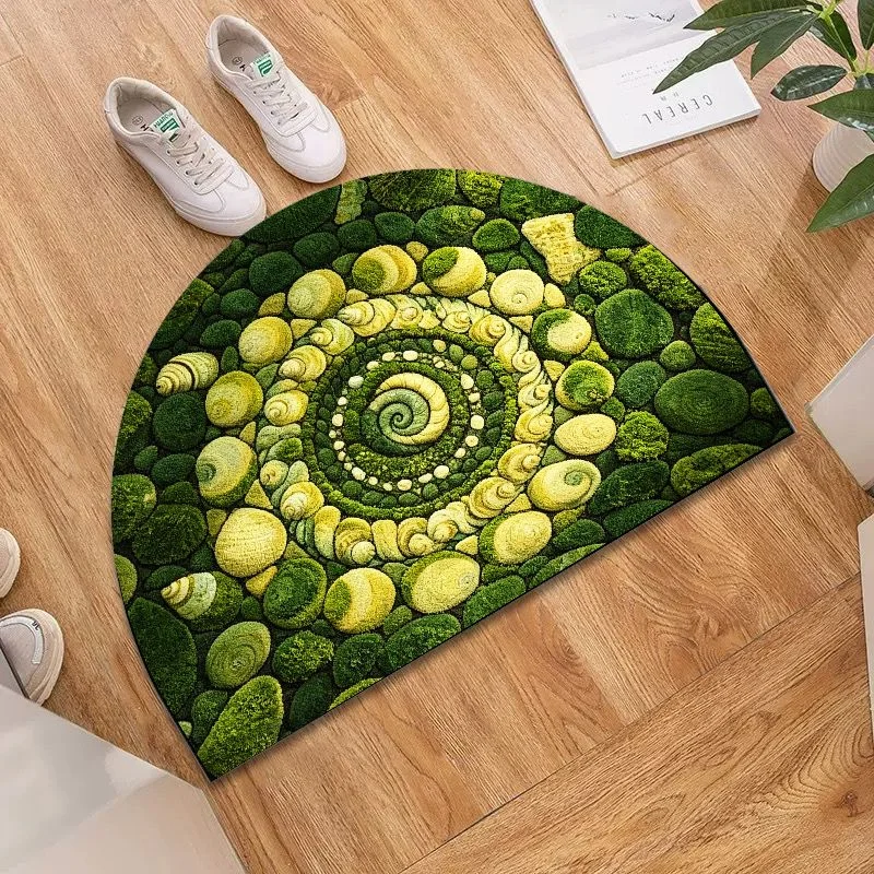 VIKAMA Half Round Green Spiral Moss Pebble Doormat 3D Visual Non Slip Absorbent Front Door Mat Vintage Nature Entrance Rug