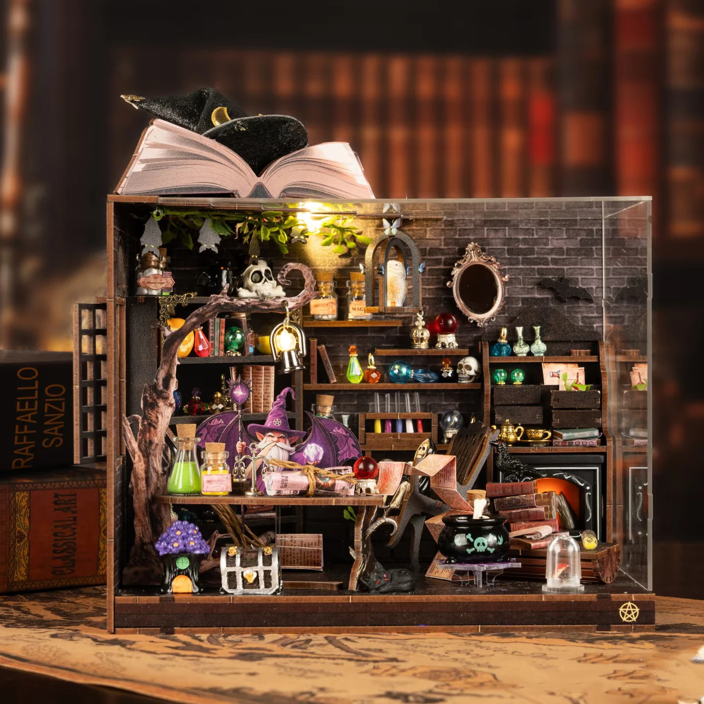 DIY ブックヌック 木製ミニチュアモデルキット ジャングルマジックハウス ブックエンド 3D パズル LED ライト付き 友人への誕生日プレゼント