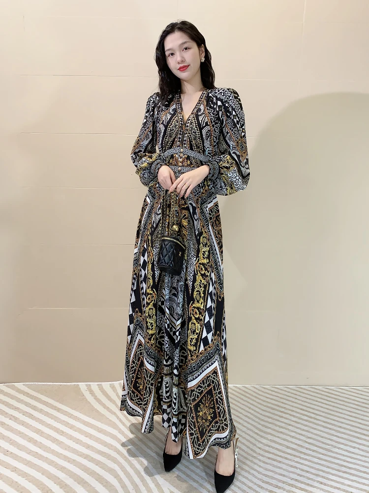 

Ele Vintage Print Silk Dr Women's Faion V-Ne Maxi Dr Slimming A-Line Silken Long Sve High Waist Gown