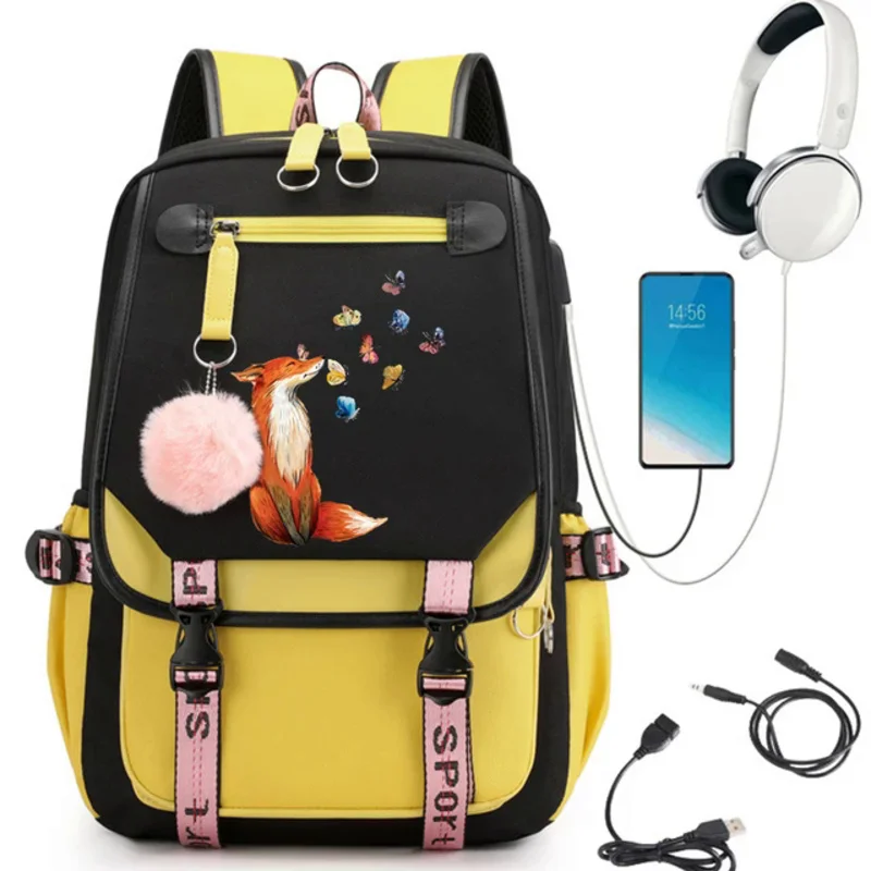 Mochila Kawaii Fox Butterfly Estética para Mulheres, Mochila escolar para meninas adolescentes, Mochilas Estudantis, Mochila de Carregamento USB