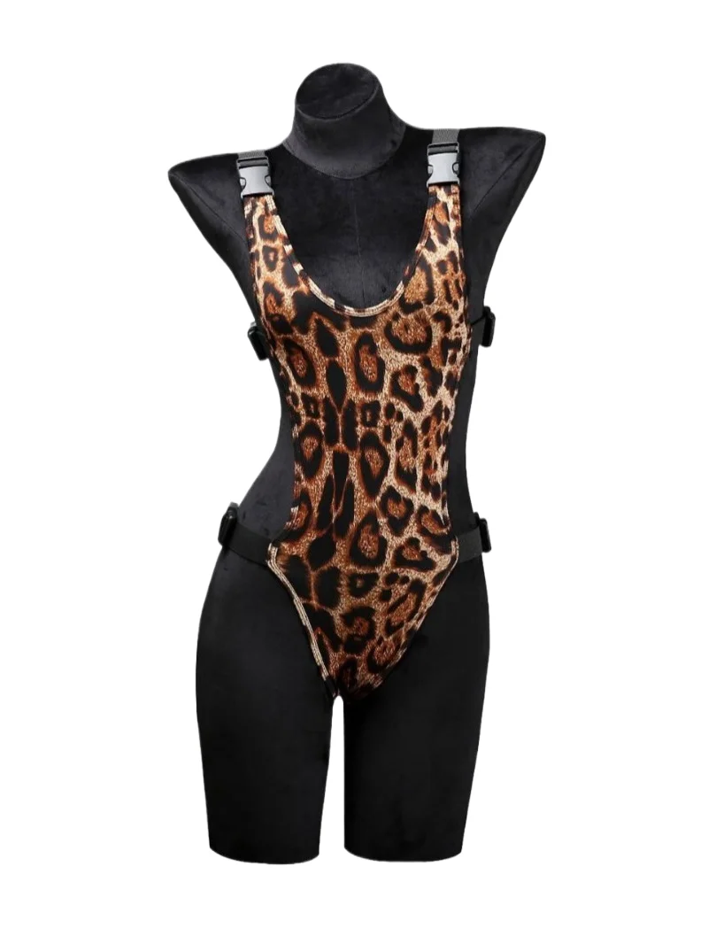 

Summer Fashion Womens Clothing 2024 New Leopard Print Uniform Velvet Straightening Waist Exposed Sexy Tight jumpsuit LHNO