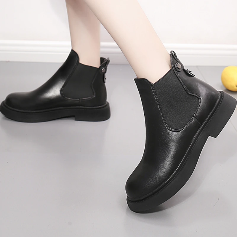 Botas cálidas de media caña para mujer, zapatos de tacón bajo con punta redonda, resistentes al agua, Color sólido, invierno, 2023