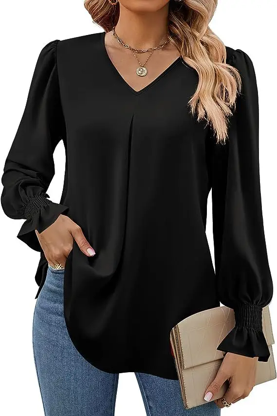 Chemise à manches longues pour femmes, couleur unie, col en V, manches cloche, mode High Street, haut noir, chemisier élégant pour femmes, printemps