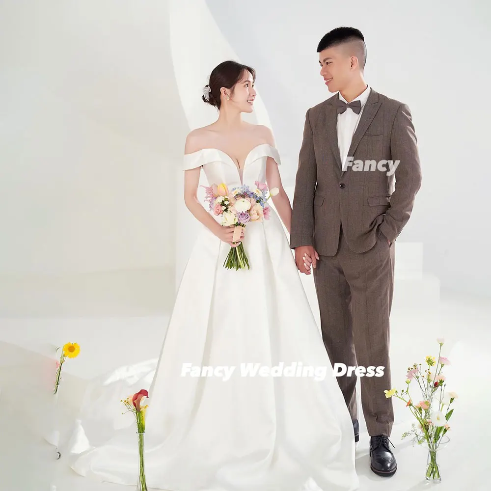 Fancy Korea Sexy V Neck Wedding Dress A Line Soft Satin Bridal Gown Off Shoulder Back Corset Customized 웨딩드레스