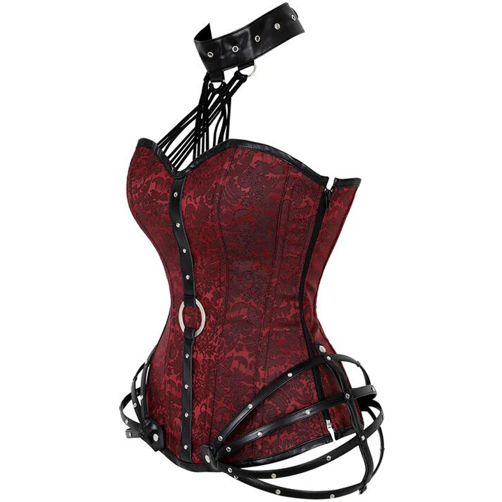 Espartilhos Steampunk e Bustiers, Plus Size Overbust, Espartilho Halter Sexy, Couro Pu, Zip Gótico, Burlesco, Traje Espanhol