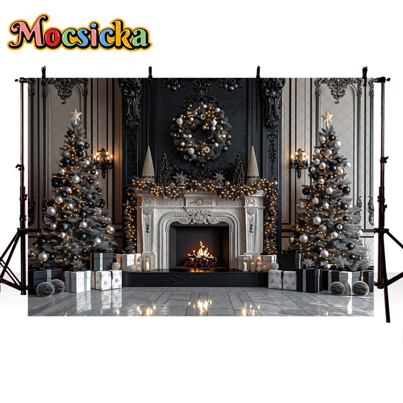 Mocsicka Xmas Indoor Fireplace Background Photography Christmas Tree Garland Decor Child Adult Family Photo Backdrop Studio