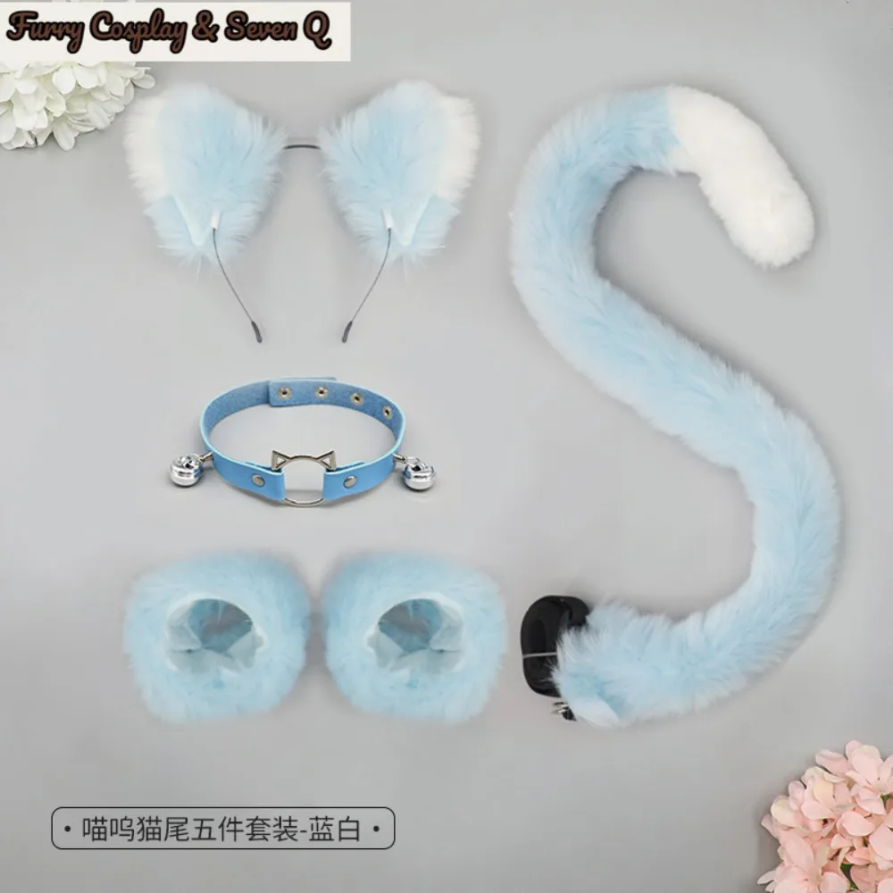Cat Ear and Tail Cosplay Props Set Woman Plush Wristband Sexy Leather Choker with Bell Lolita Party Dress Up Costume Accessories