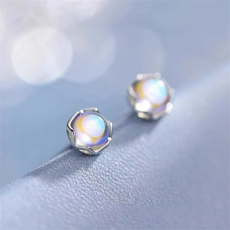 925 Silver Plated Moonstone Round Bead Stud Earring For Women Girls Wedding Party Jewelry Gift E379